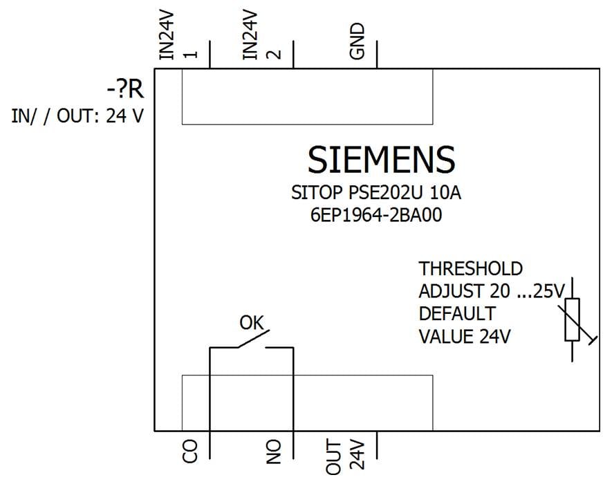 Diagram of a Siemens SITOP PSE202U 10A power supply module, showing 24V IN/OUT terminals, OK output contacts, and threshold adjust from 20 to 25V with default 24V.