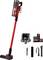 Cordless stick vacuum cleaner with red and black design, shown with floor head, charger, and accessory attachments on a white background.