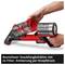 Hand holding a cordless Einhell vacuum cleaner with a bagless dust collection container; underneath it states: 'Bagless dust collection container with 2x filter, emptying via button press'.