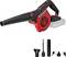 Red and black cordless leaf blower with battery pack and included nozzle attachments displayed on a white background.