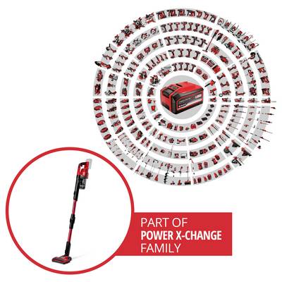 Power X-Change family graphic showing a cordless stick vacuum and a red battery centered in a circular product lineup.<br>
