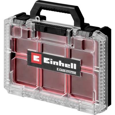 Transparent red Einhell E-CASE-SYSTEM tool case with black handle and latches, shown in a product-style image on white background.