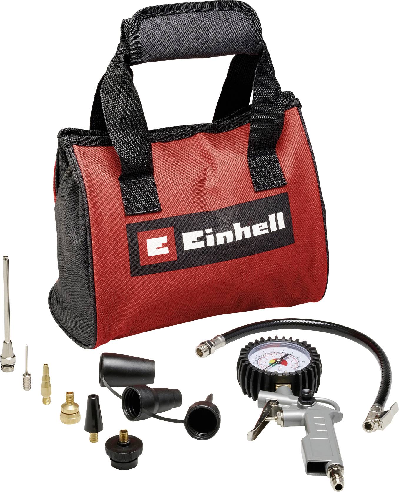 Red Einhell carry bag containing an air compressor tire inflator kit with pressure gauge, hose, and multiple adapter nozzles on a white background