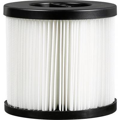 Pleated cylindrical white air filter cartridge with black top and bottom caps, shown against a plain background.<br>