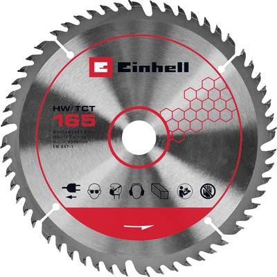 Einhell 165 mm circular saw blade with carbide teeth and safety icons on a red and silver label.