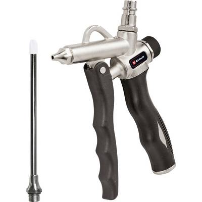 Handheld paint spray gun with attached paint nozzle on a white background, shown with a separate extension tip beside it.