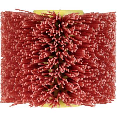Close-up of a red cylindrical cleaning brush with dense bristles and a yellow center core.