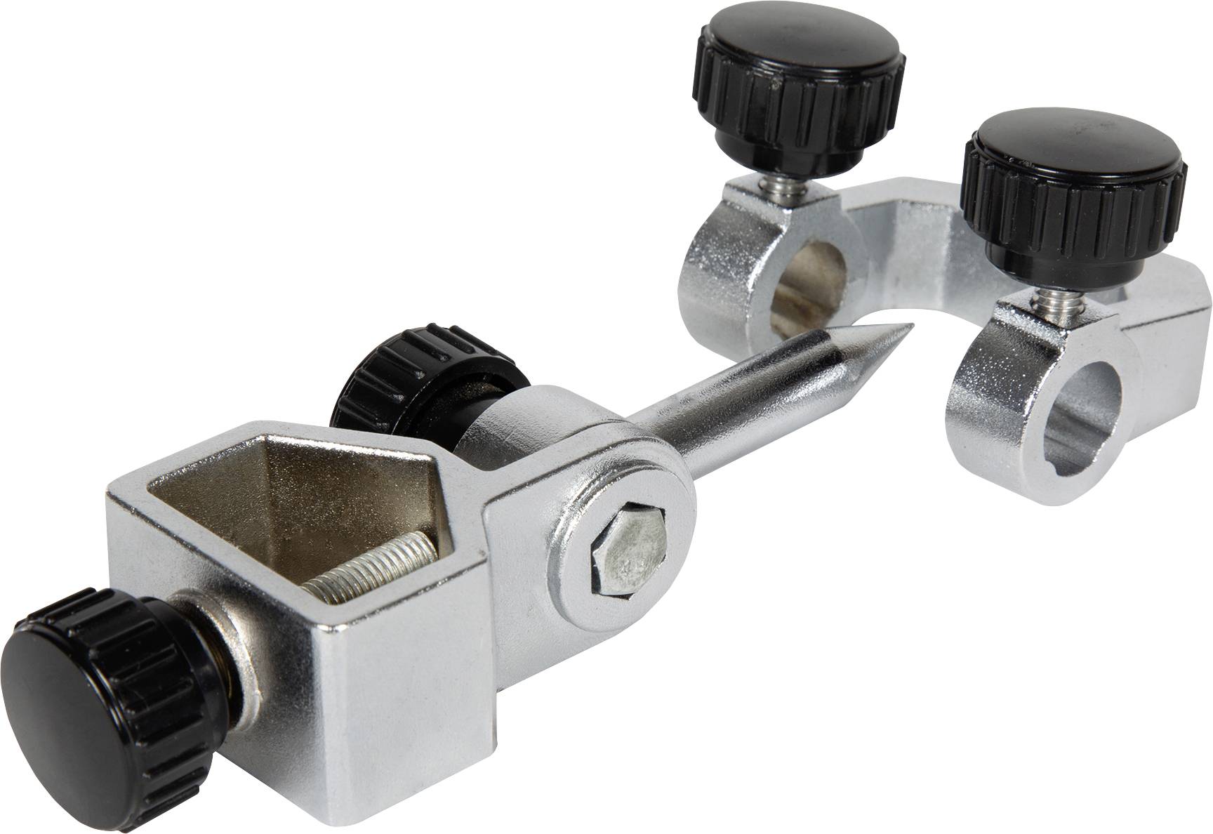 Three metal cable clamps with black adjustment knobs, shown on a white background.