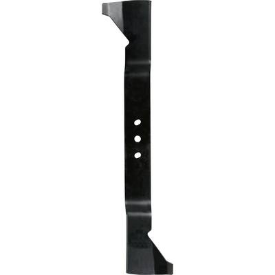 Black metal mower blade with three mounting holes and angled cutting ends on a white background.