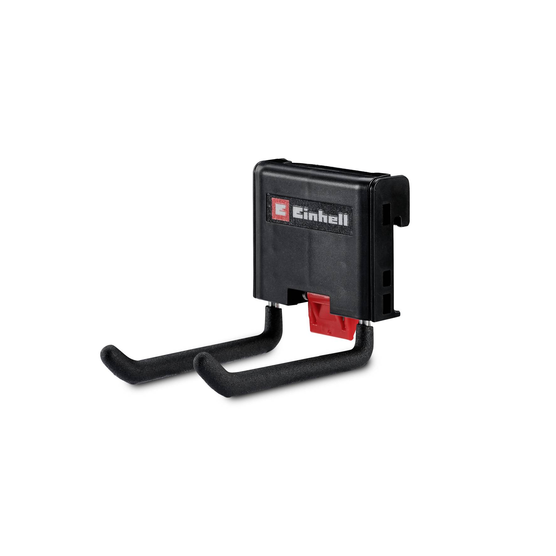 Einhell wall-mounted tool holder with two padded metal hooks and a red locking clip, shown on a white background.