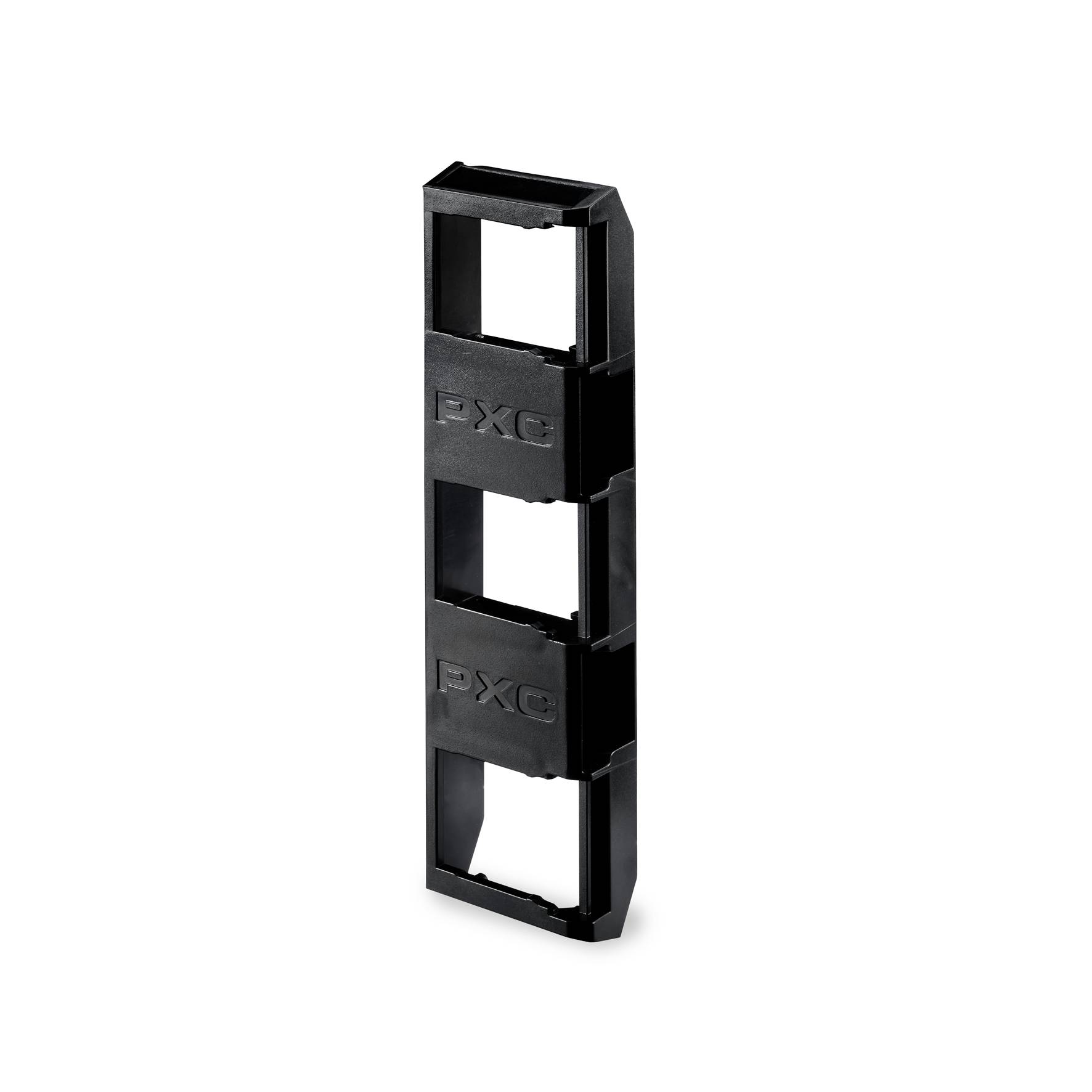 Black plastic rectangular mounting frame with three open slots and embossed PXC logos, shown on a white background.