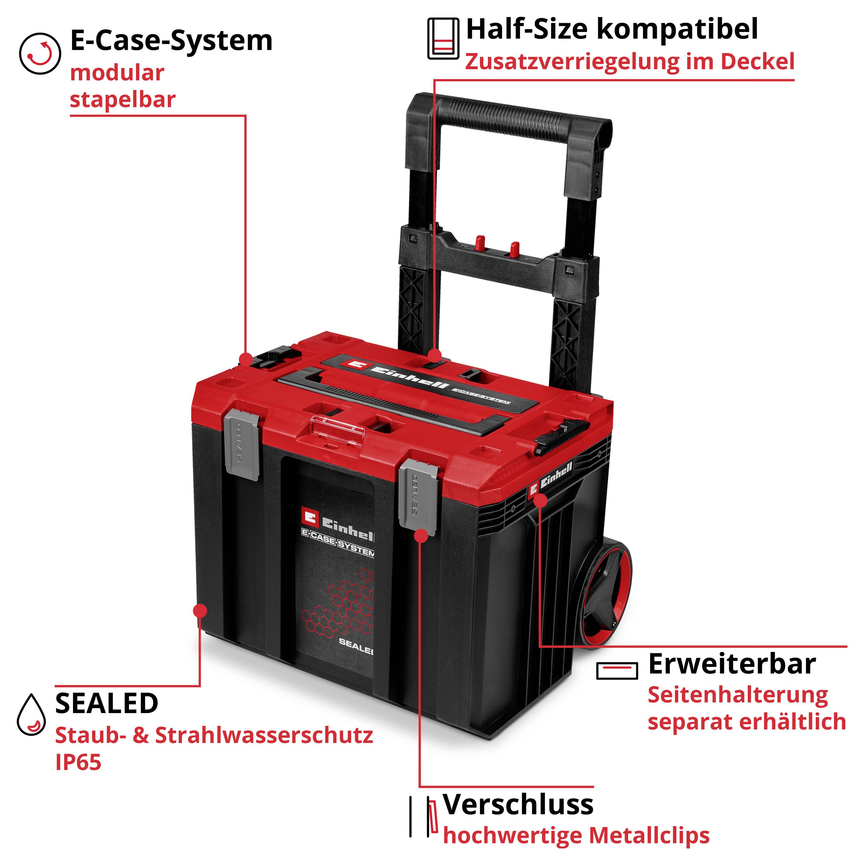 Robust E-Case system tool chest with trolley handle; modular stackable design, half-sided compatible, expandable, IP65 dust and jet water resistant, with metal clips.