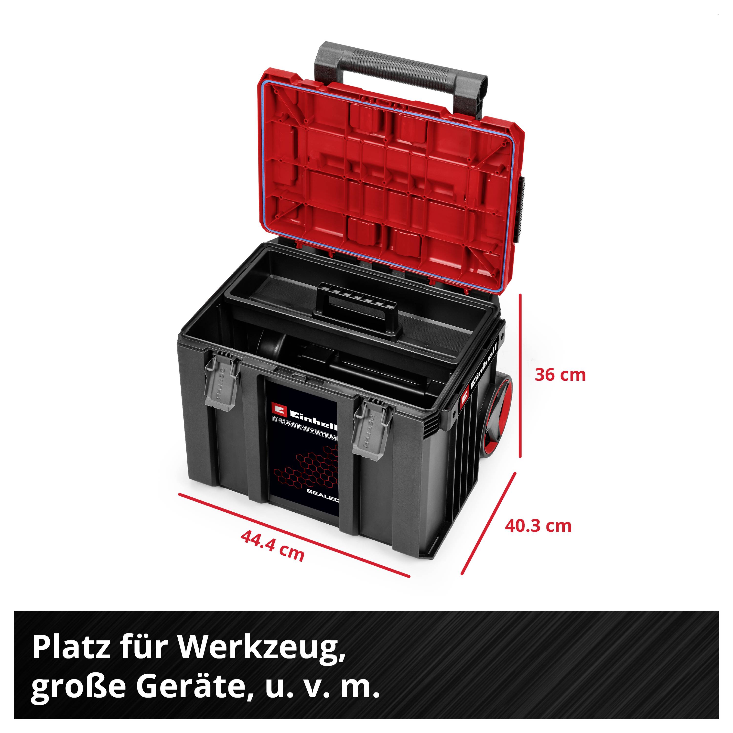 Open tool box with red lid; dimensions 44.4 cm × 40.3 cm × 36 cm. Text: 'Space for tools, large equipment, and much more.'