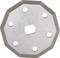 Top-down view of a silver octagonal metal plate with five round holes and a central irregular cutout on a white background.
