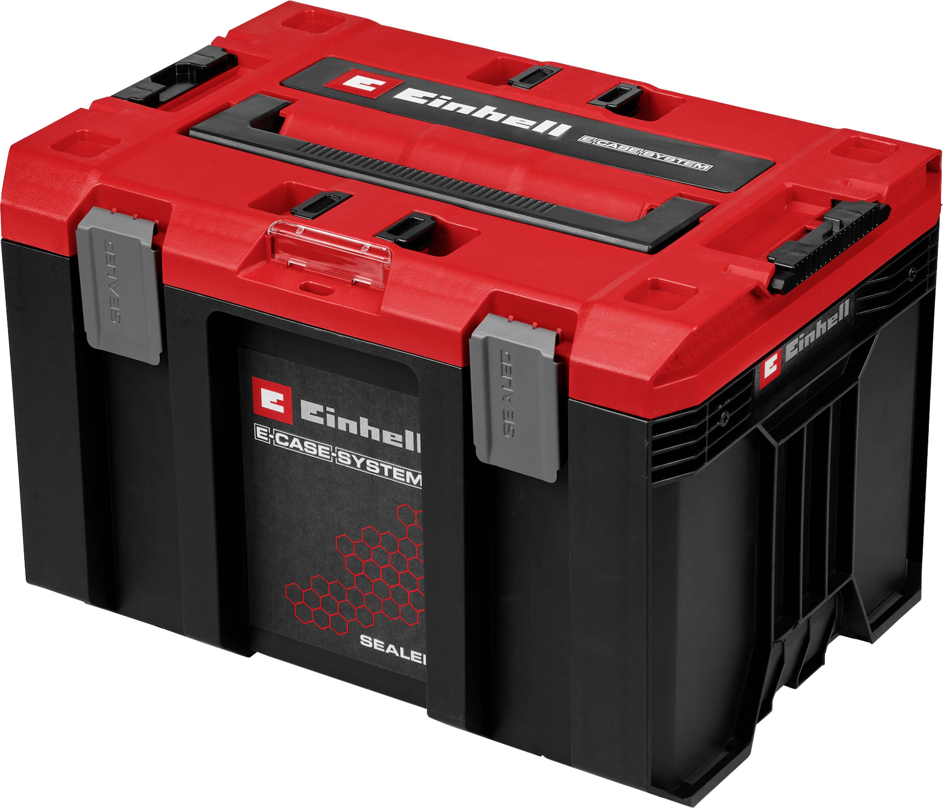 Red and black Einhell E-Case System storage case with latches and handle, shown closed on a white background.