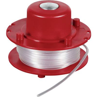 Red plastic spool with coiled translucent line and a gray cord, likely a trimmer or fishing line reel on a white background.