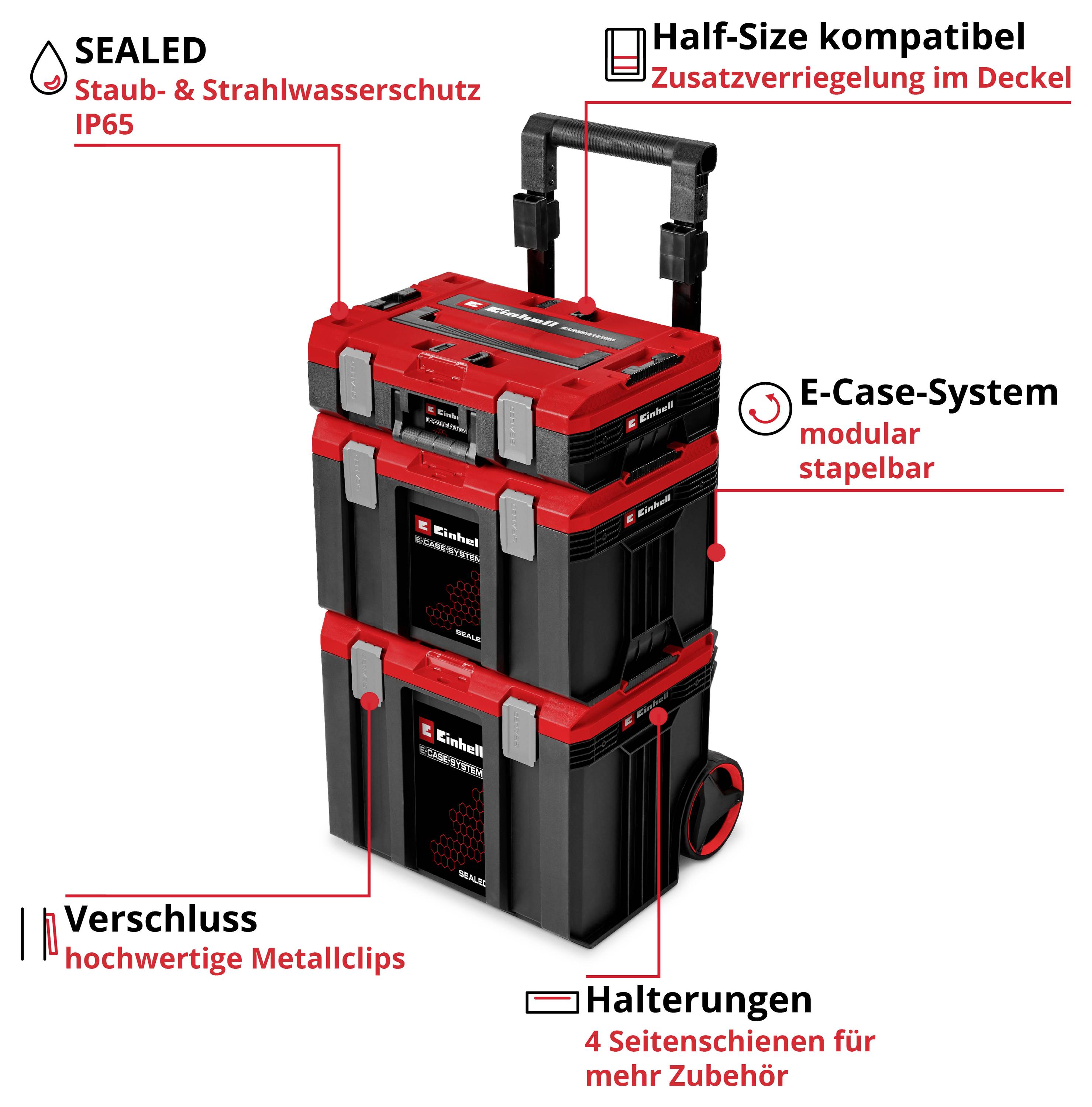 Red E-Case transport case with telescopic handle; labelled graphic shows IP65 sealing, half-size compatibility, stackability, metal clips and side rails.