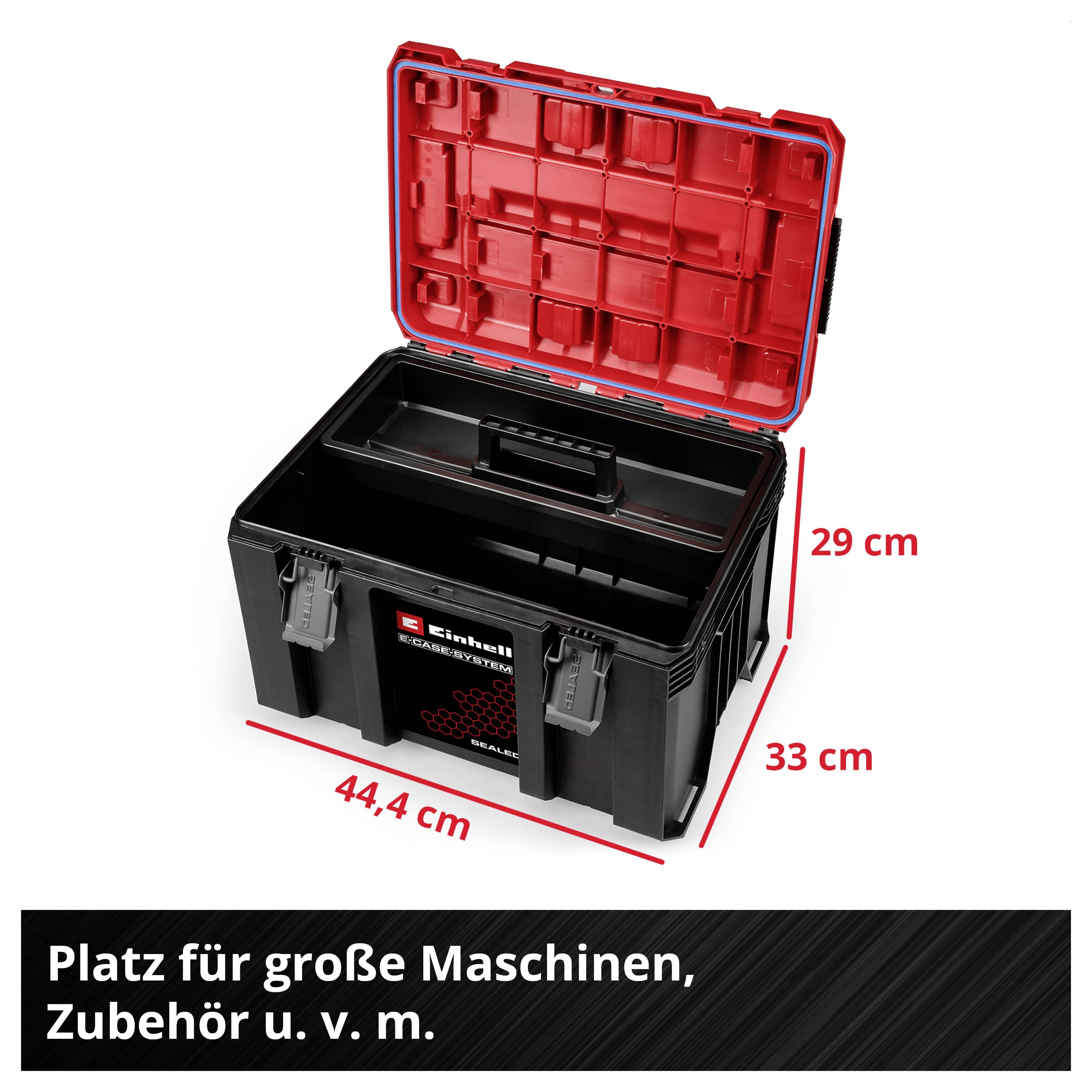 Black toolbox with open red lid; dimensions 44.4 cm wide, 33 cm deep, 29 cm high. Text: 'Space for large machines, accessories and much more.'