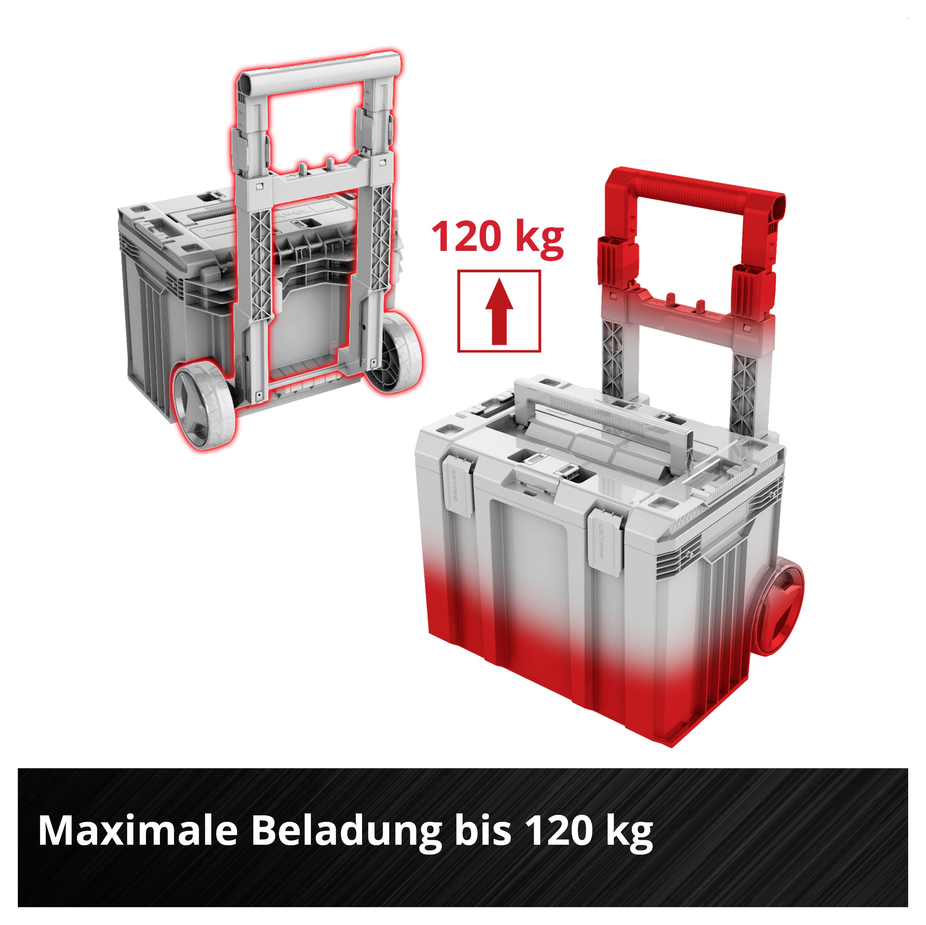 Carrying case on wheels with extendable handle; note 'Maximum load capacity up to 120 kg' and upward arrow.