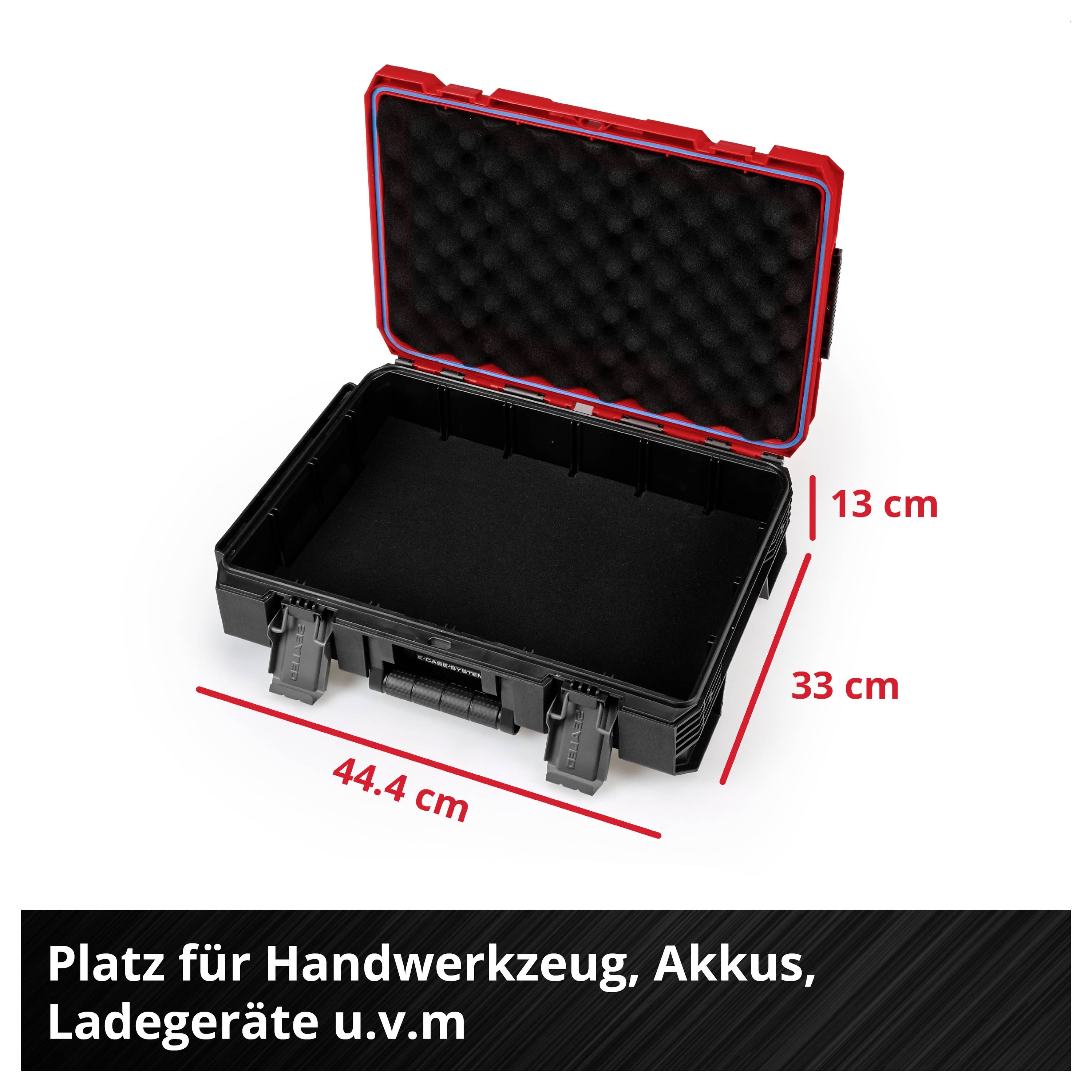 Open black transit case with foam insert; dimensions 44.4 cm wide, 33 cm deep and 13 cm high; for hand tools, batteries, chargers.