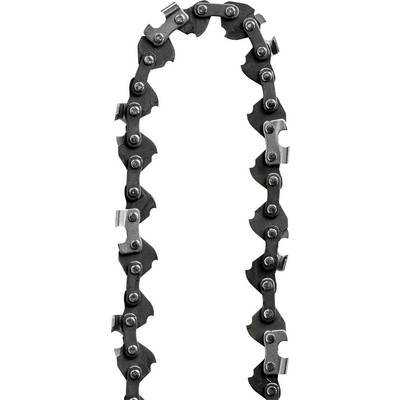 A looped metal chainsaw chain with cutting teeth and links, shown isolated on a white background.