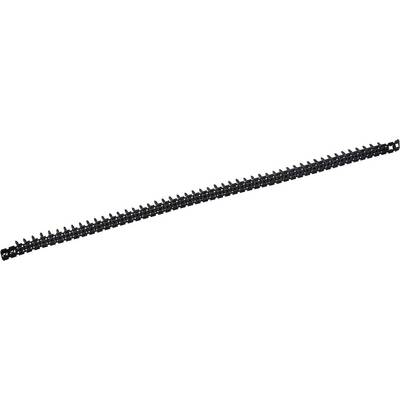 A long black plastic zipper chain laid diagonally on a white background.