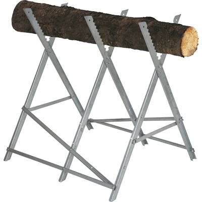 Three metal sawhorses supporting a large log or log section on a white background.