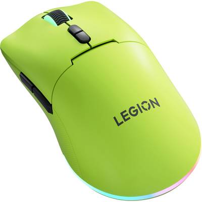 Bright green Legion gaming mouse with black scroll wheel and side buttons, shown on a white background with subtle RGB lighting along the bottom edge.