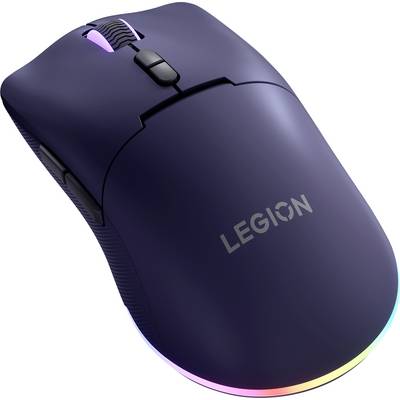 Purple Lenovo Legion gaming mouse with RGB lighting around the base and scroll wheel.