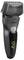 Electric rotary shaver with three-head foil top, power button, and small yellow display showing battery and lock icons.