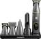 Black CARRERA grooming kit on a charging stand with five attachments, including a digital trimmer showing 99% battery.