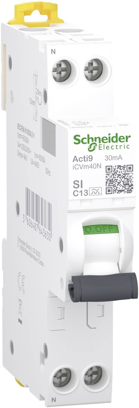 A Schneider Electric Acti9 iC60M 40A residual current circuit breaker with C13 rating and test button, shown in white with a black toggle handle.
