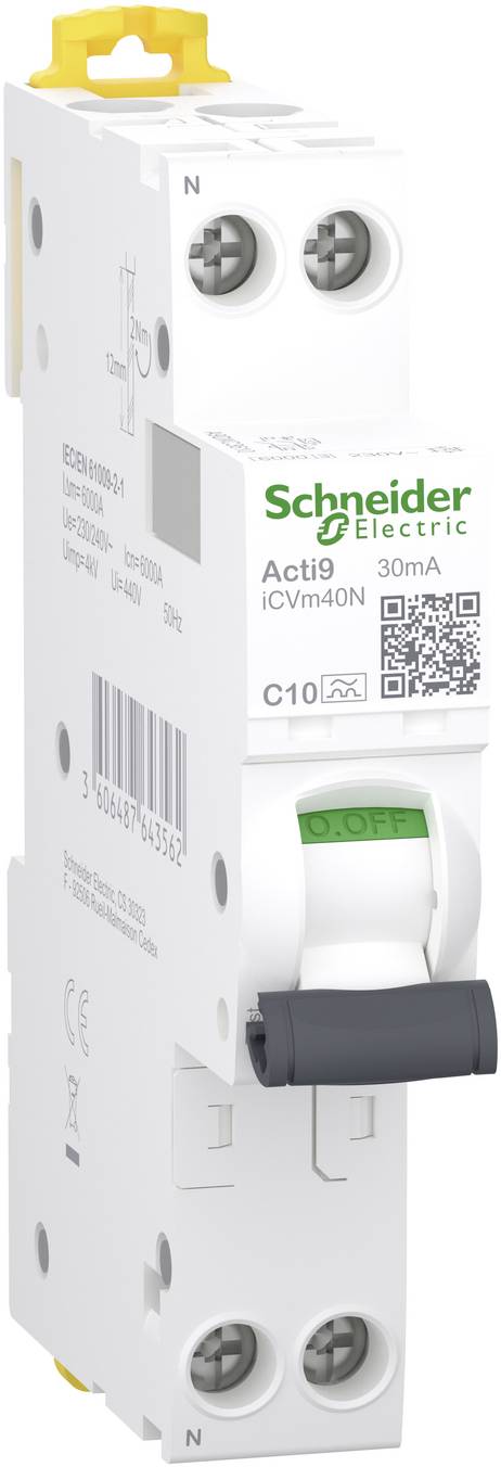 White Schneider Electric Acti9 iCVM40N circuit breaker with toggle switch, labeled C10 and 30mA, shown in product view.