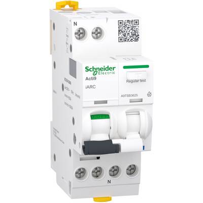 White Schneider Electric Acti9 iARC circuit breaker with QR code, 'Regular test' label, and orange/yellow terminal caps on a white background.