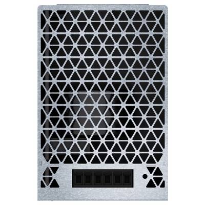 Front view of a metal ventilation grille with a triangular lattice pattern and a rectangular connector opening near the bottom.