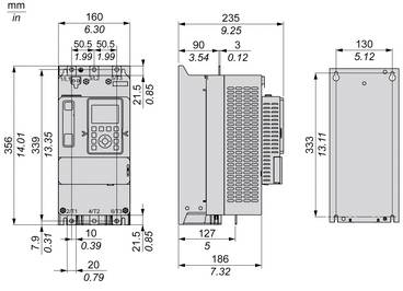 Dimensioned engineering drawing of a rectangular electronic device shown front, side, and rear views with measurements in mm and inches.