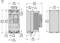 Dimensioned engineering drawing of a rectangular electronic device shown front, side, and rear views with measurements in mm and inches.
