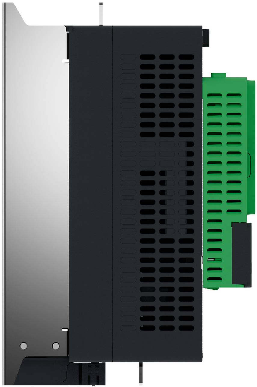 Side view of a black electronic module with ventilation slots and a green circuit board attached on the right, mounted against a metal panel.