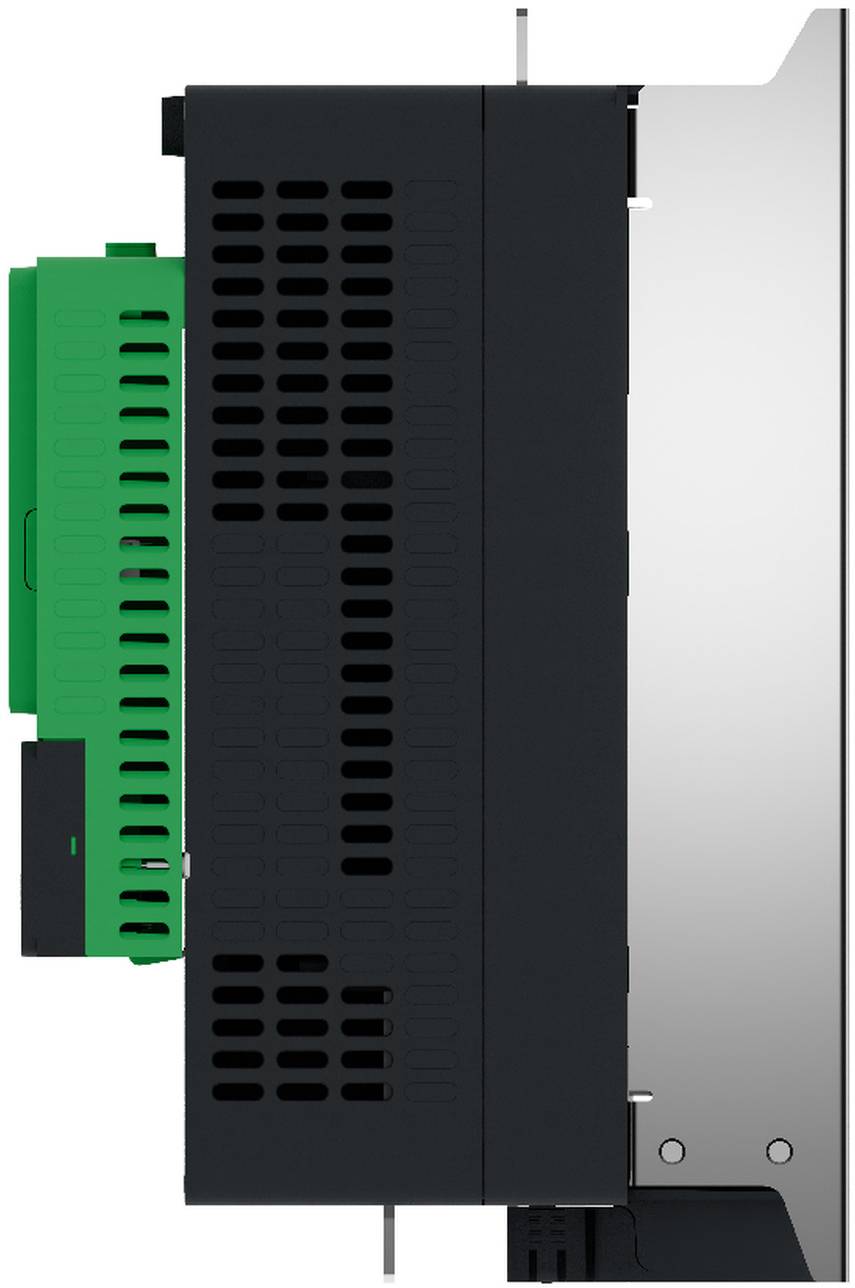Side view of an industrial electronic module with black and silver casing and a green terminal block connector.