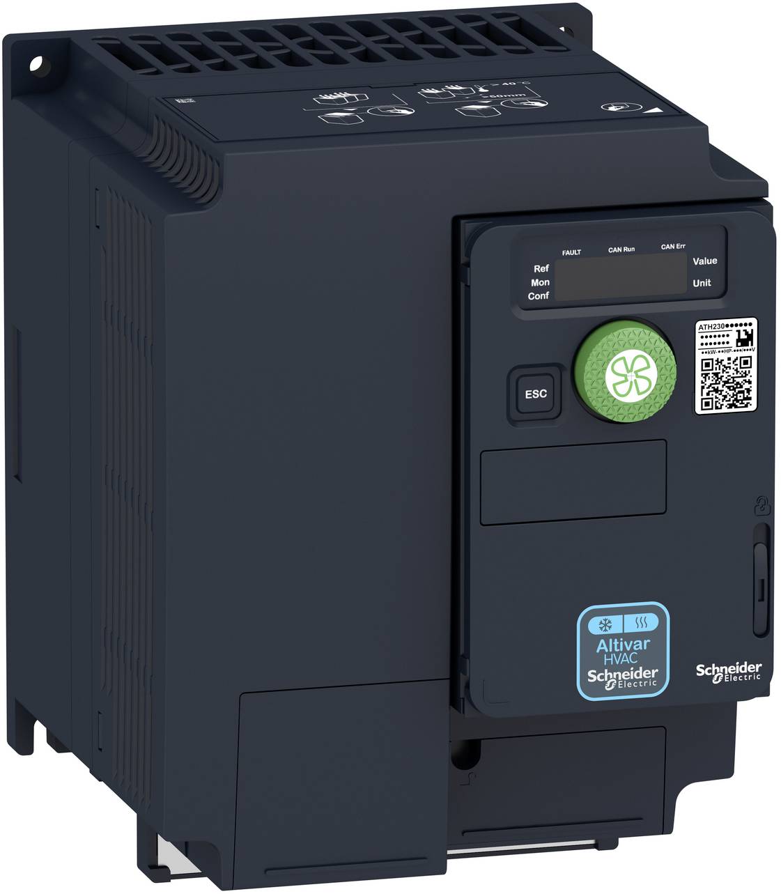 Black Schneider Electric Altivar HVAC variable frequency drive with front display, ESC button, QR code, and green status dial.