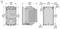 Technical dimension drawing of a rectangular electronic device shown front, side, and rear views, with measurements in mm and in.