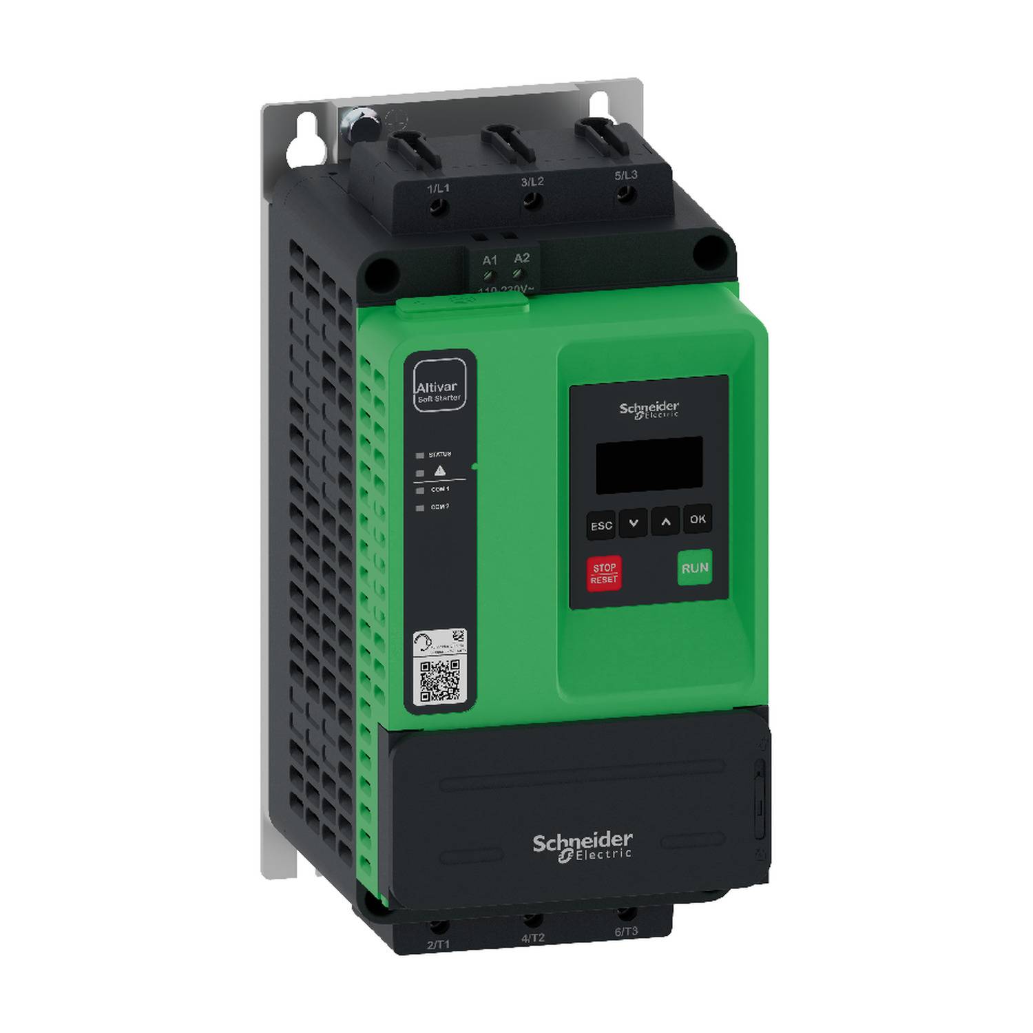 Schneider Electric Altivar variable frequency drive, green and black industrial motor controller with display and control buttons.