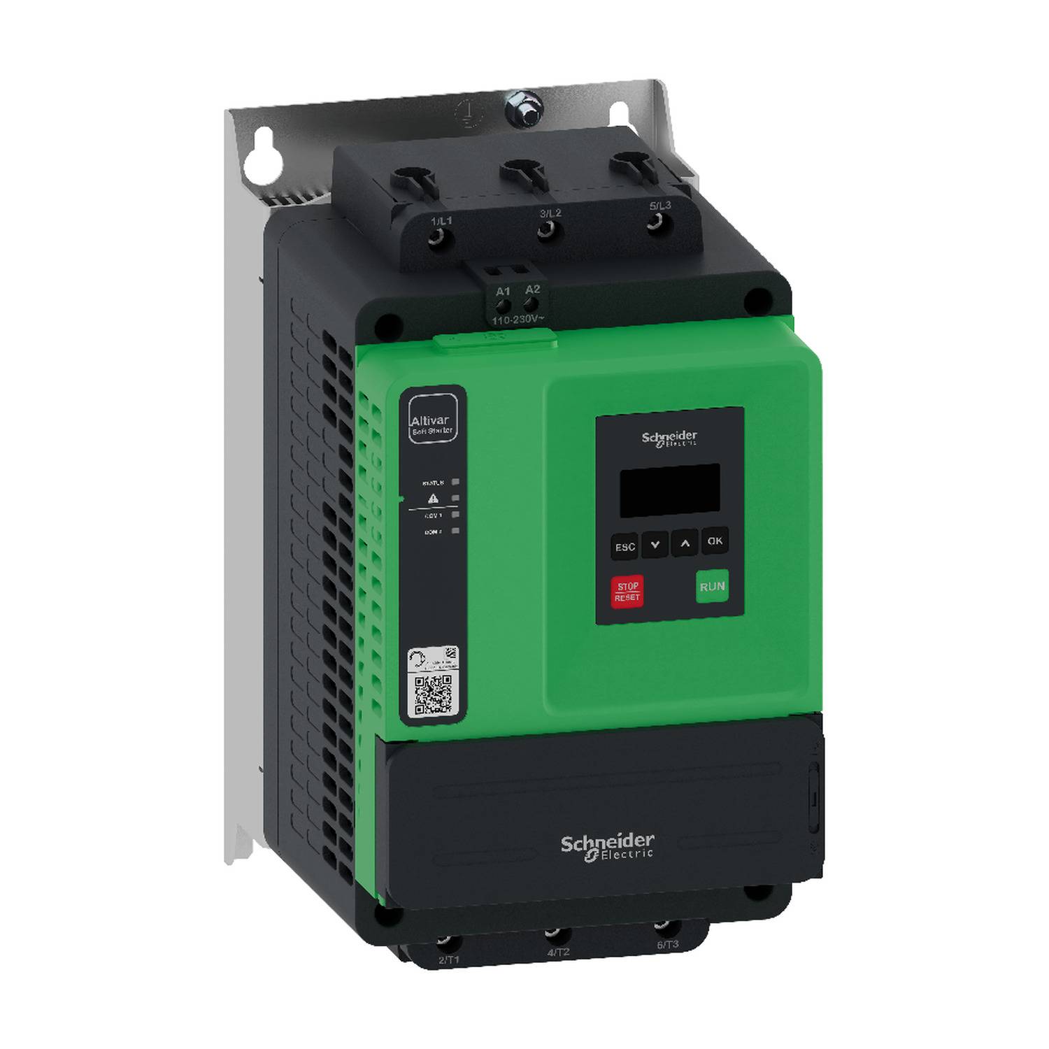 Green Schneider Electric Altivar motor drive/inverter with front control panel and display, shown on a white background.