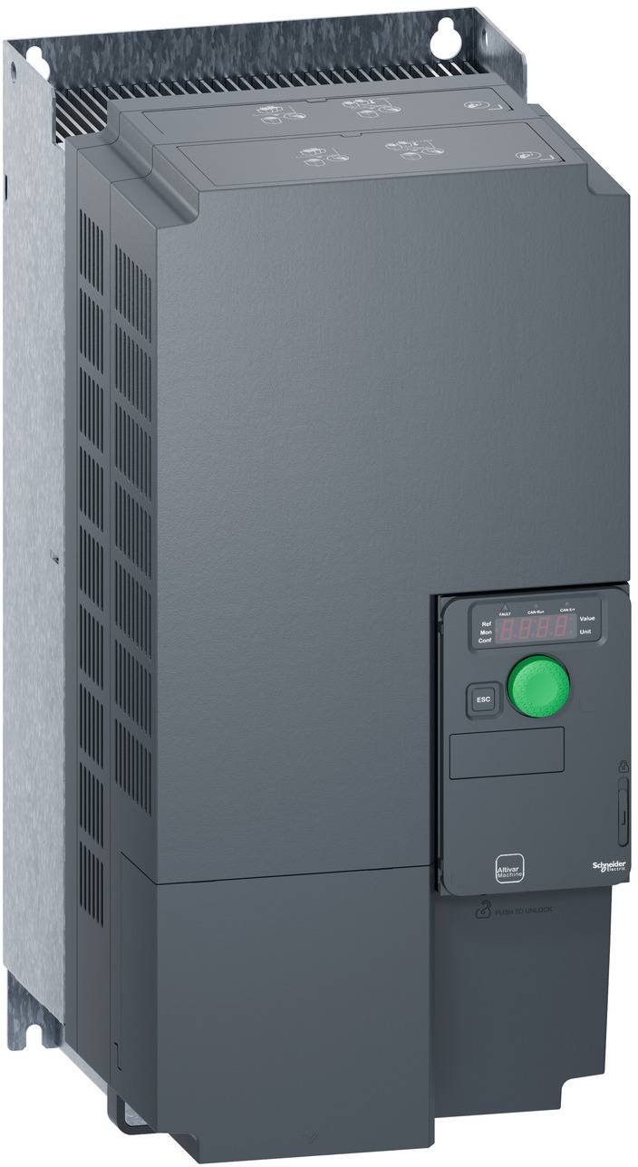 Industrial variable frequency drive in a wall-mounted gray enclosure with control panel, display, and green start button<br>
