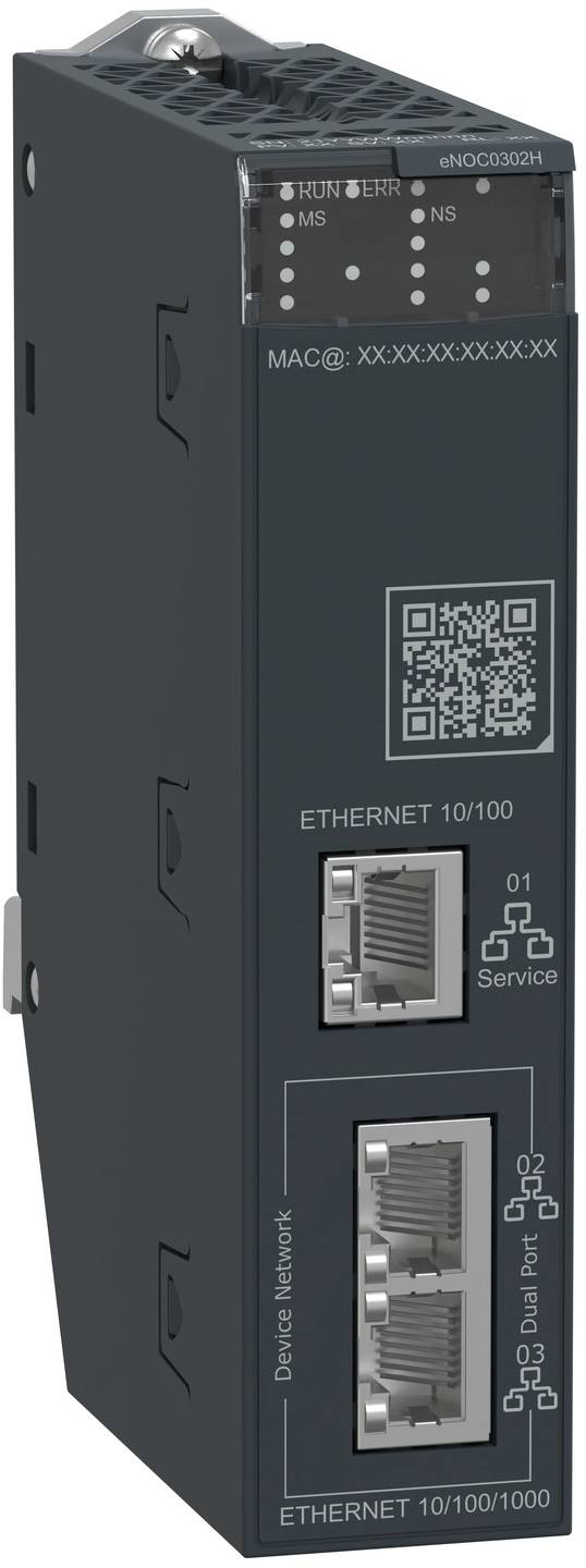 Industrial Ethernet network switch showing front ports, status LEDs, QR code, MAC address label, and two stacked Ethernet jacks labeled for service and dual port.