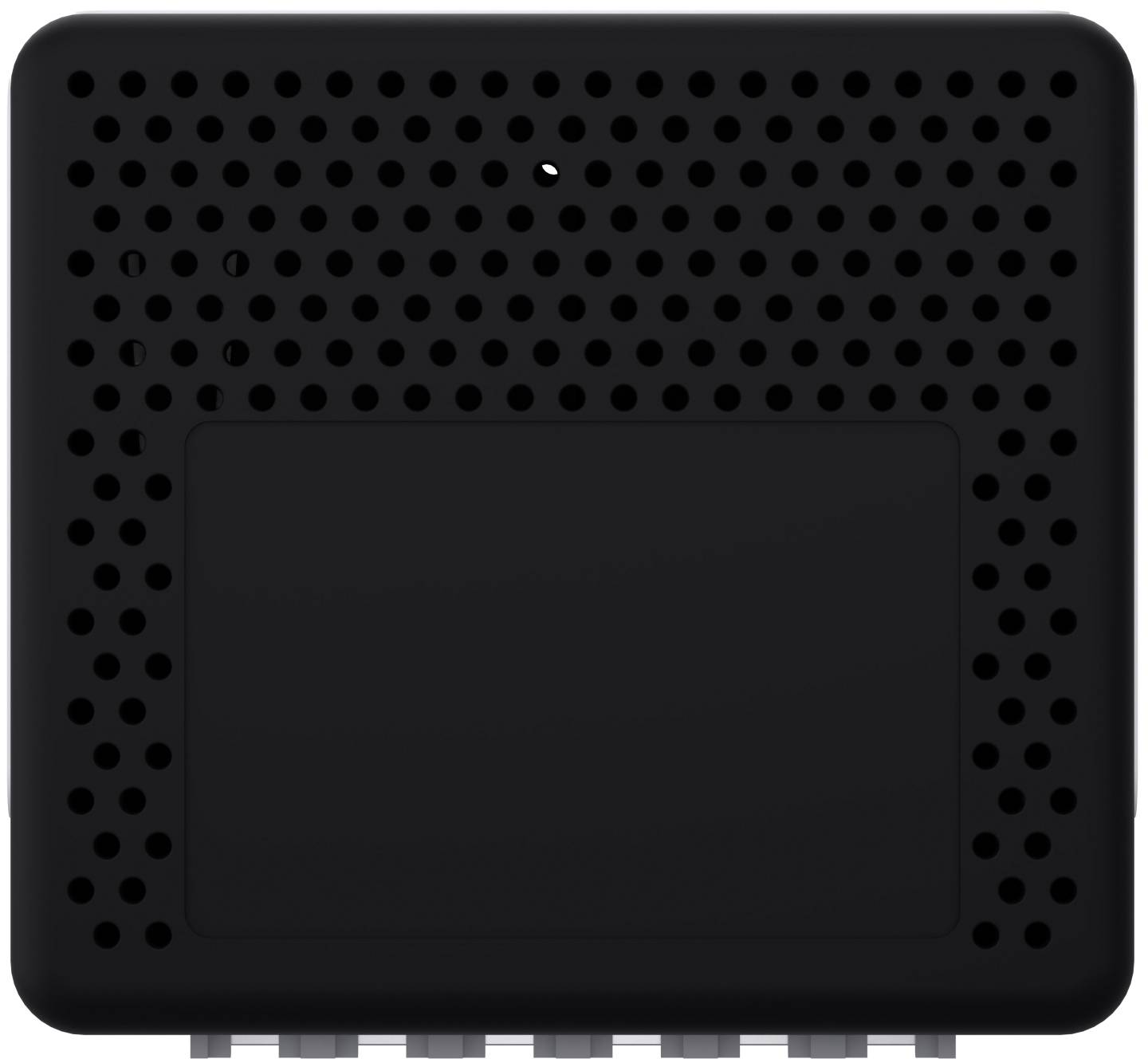 Black square device front with perforated speaker grille and a dark rectangular panel, resembling a wall-mounted intercom or speaker<br>