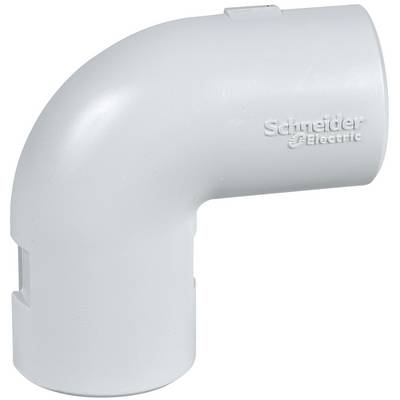 White PVC 90-degree elbow pipe fitting with Schneider Electric logo, shown on a plain background.