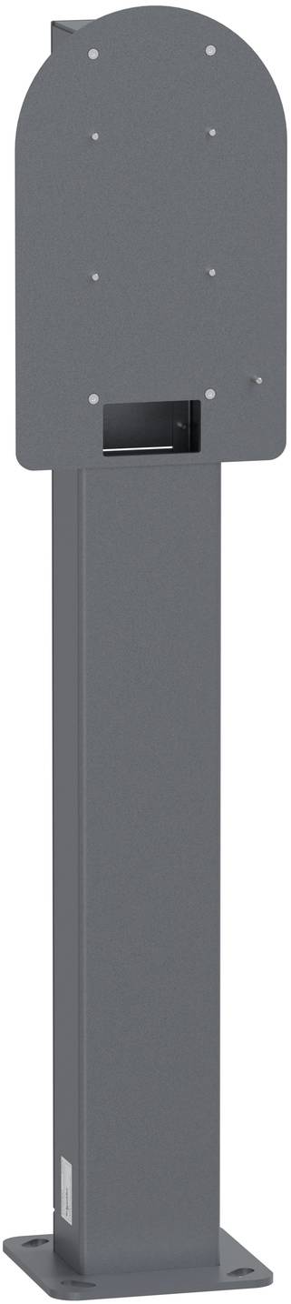 Dark gray outdoor post or pedestal with a rounded top, small bolt holes, a rectangular front opening, and a base plate for mounting.