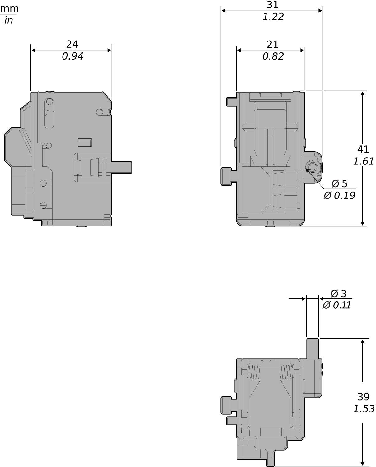 Technical dimensioned drawing of a small mechanical component shown in three views, with measurements in mm and in, including overall size and hole diameters.
