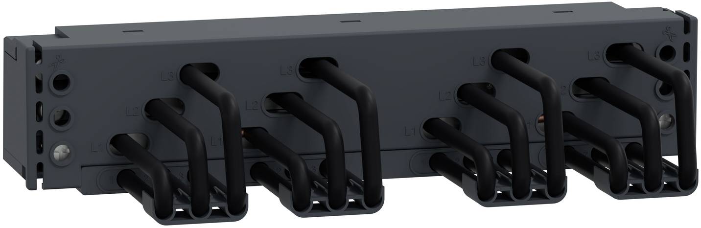 Black rectangular wall-mounted industrial panel with five rows of curved black pipes or cable ports protruding from the front.